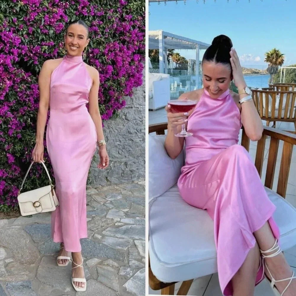 Zara  Satin Effect Halter Long Dress Mauve Pink Size Small